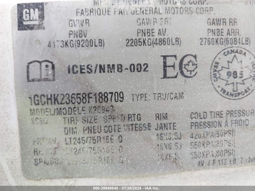 2008 Chevrolet Silverado K2500 Heavy Duty VIN: 1GCHK23658F188709 Lot: 39949840
