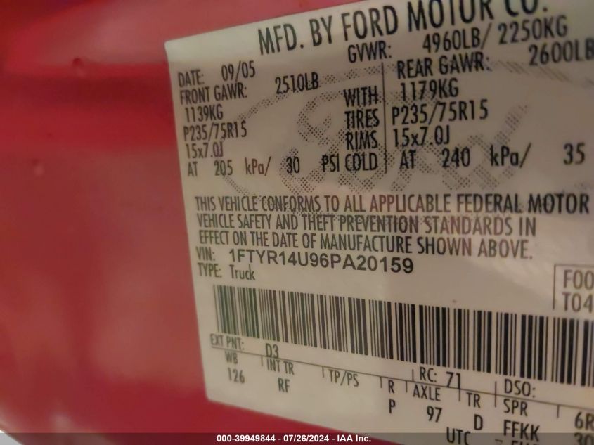 2006 Ford Ranger Sport/Stx/Xl/Xlt VIN: 1FTYR14U96PA20159 Lot: 39949844