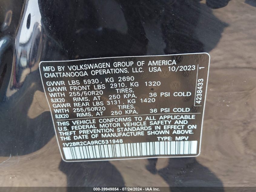 2024 Volkswagen Atlas 2.0T Sel VIN: 1V2BR2CA9RC531948 Lot: 39949854