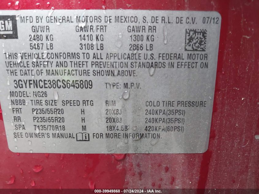 2012 Cadillac Srx Premium Collection VIN: 3GYFNCE38CS645809 Lot: 39949868