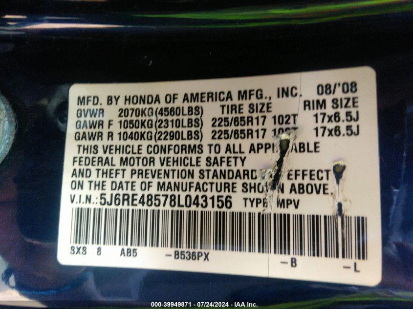 2008 Honda Cr-V Ex VIN: 5J6RE48578L043156 Lot: 39949871