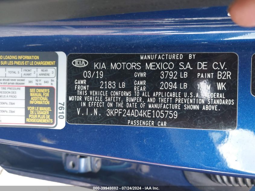 2019 Kia Forte Lxs VIN: 3KPF24AD4KE105759 Lot: 39949882