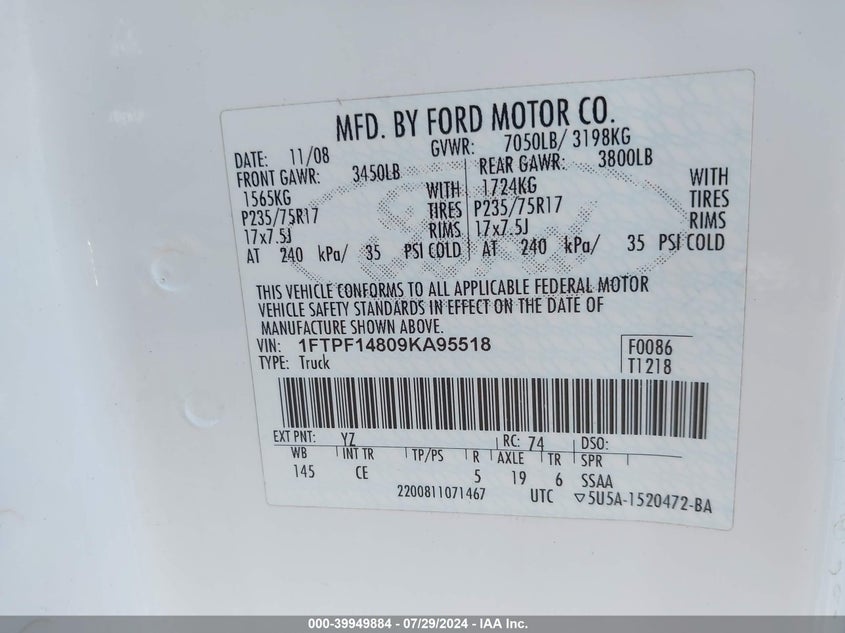 2009 Ford F150 VIN: 1FTPF14809KA95518 Lot: 39949884