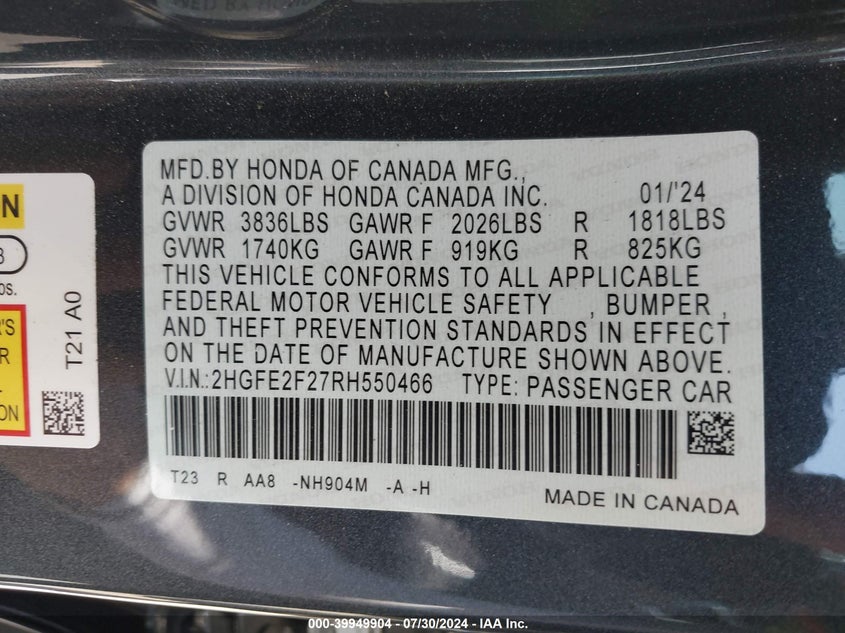 2024 HONDA CIVIC LX - 2HGFE2F27RH550466