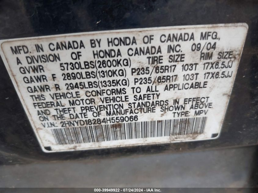 2004 Acura Mdx VIN: 2HNYD18284H559066 Lot: 39949922