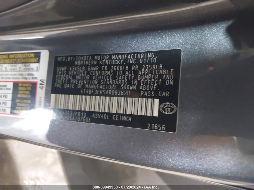 2010 Toyota Camry Le VIN: 4T4BF3EK5AR083620 Lot: 39949930