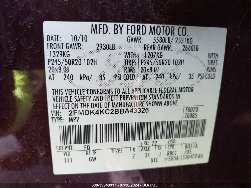 2011 Ford Edge Limited VIN: 2FMDK4KC2BBA43326 Lot: 39949937