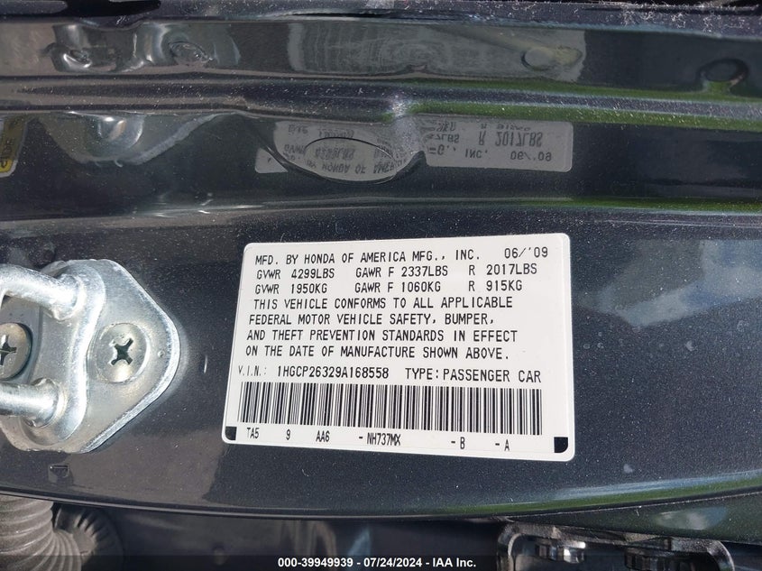 2009 Honda Accord 2.4 Lx VIN: 1HGCP26329A168558 Lot: 39949939