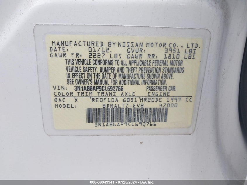 2012 Nissan Sentra 2.0 Sr VIN: 3N1AB6AP9CL692766 Lot: 39949941