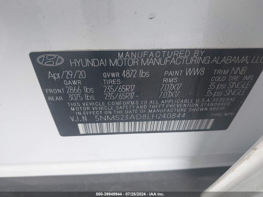 2020 Hyundai Santa Fe Se VIN: 5NMS23AD8LH240844 Lot: 39949944