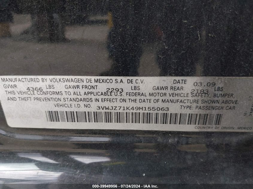 2009 Volkswagen Jetta S VIN: 3VWJZ71K49M155063 Lot: 39949956