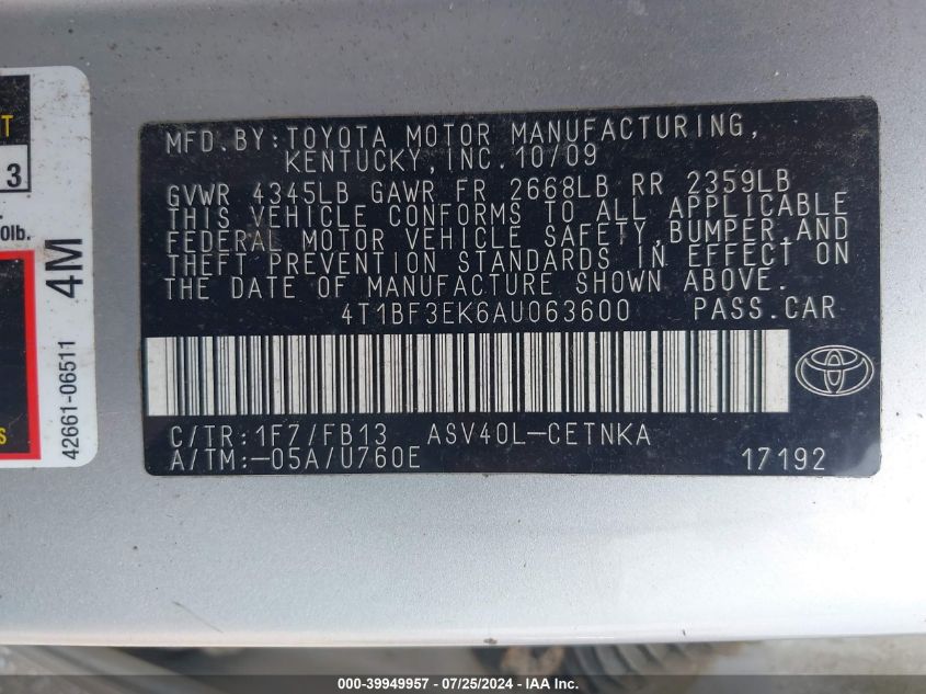 2010 Toyota Camry Le VIN: 4T1BF3EK6AU063600 Lot: 39949957