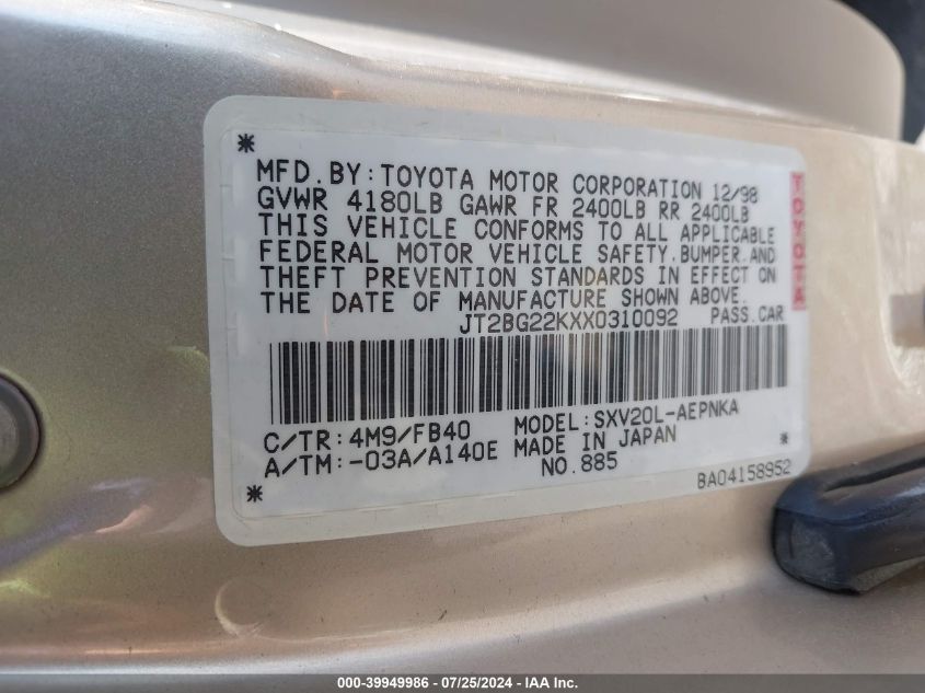 1999 Toyota Camry Ce/Le/Xle VIN: JT2BG22KXX0310092 Lot: 39949986