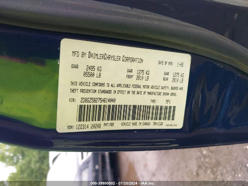 2005 Dodge Magnum R/T VIN: 2D8GZ58275H614040 Lot: 39950002