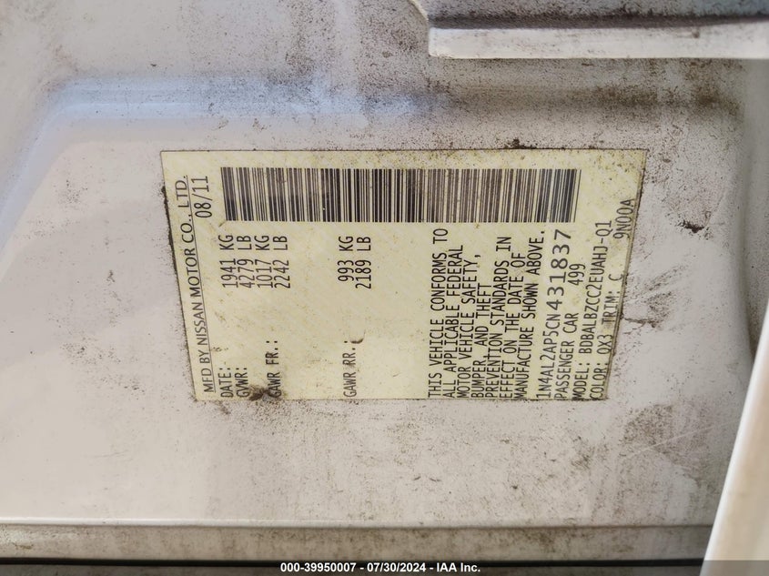 1N4AL2AP5CN431837 2012 Nissan Altima 2.5 S