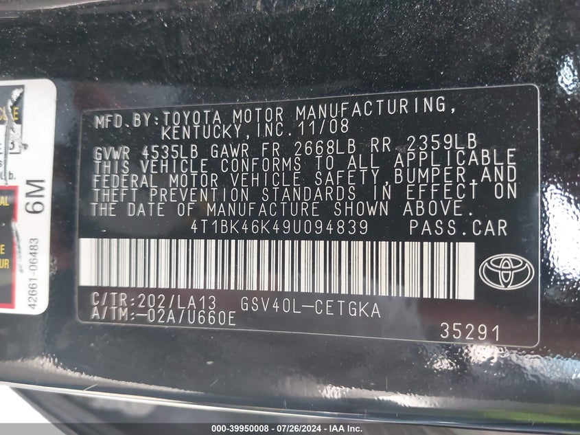 2009 Toyota Camry Le V6/Se V6/Xle V6 VIN: 4T1BK46K49U094839 Lot: 39950008