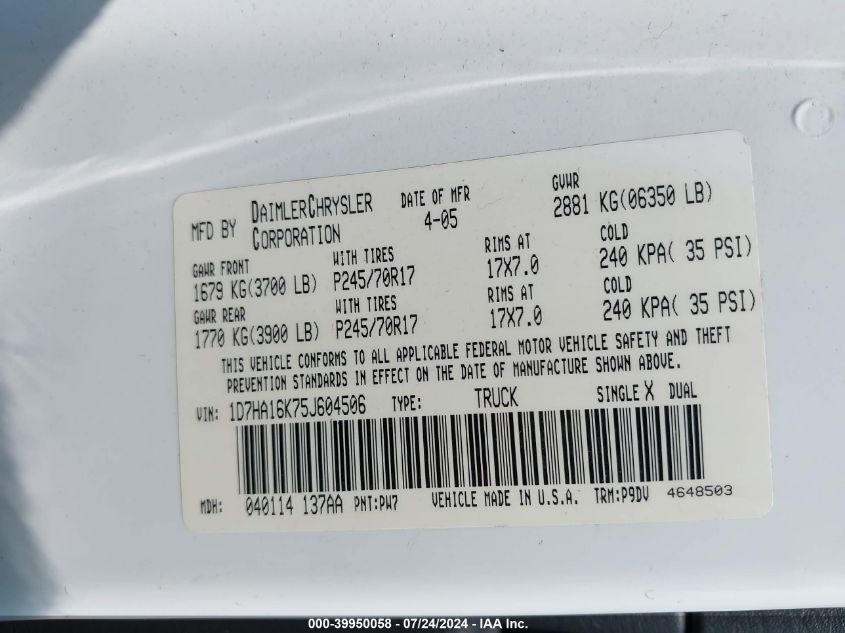 2005 Dodge Ram 1500 St VIN: 1D7HA16K75J604506 Lot: 39950058