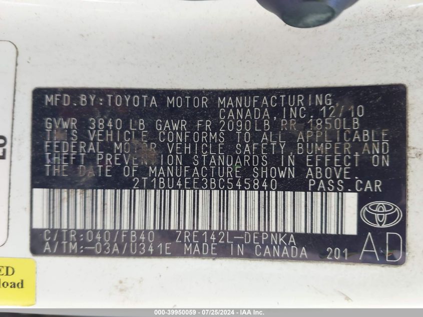 2011 Toyota Corolla Le VIN: 2T1BU4EE3BC545840 Lot: 39950059