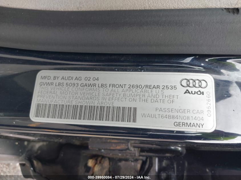 2004 Audi A6 3.0 Quattro VIN: WAULT64B84N081404 Lot: 39950084