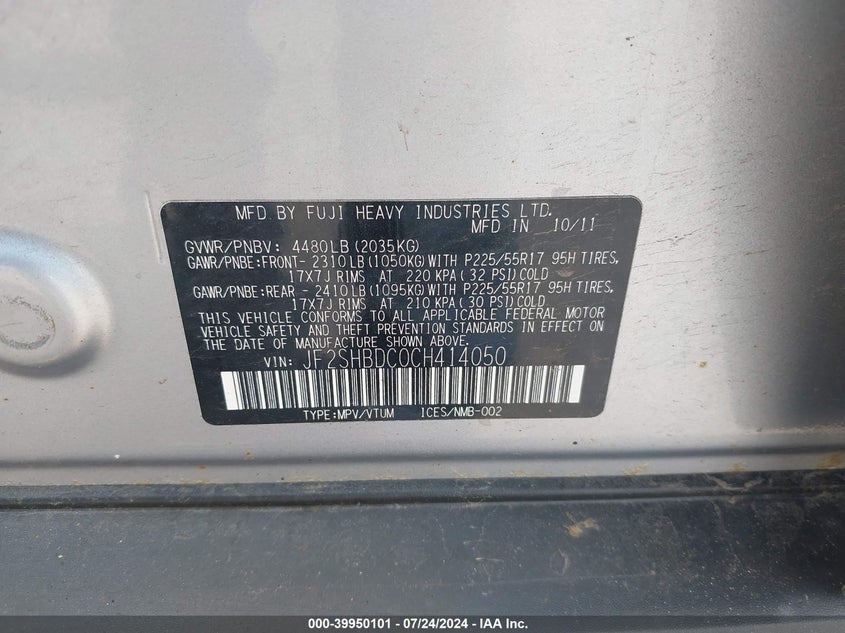 2012 Subaru Forester 2.5X Premium VIN: JF2SHBDC0CH414050 Lot: 39950101