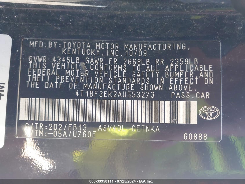 2010 Toyota Camry Se/Le/Xle VIN: 4T1BF3EK2AU553273 Lot: 39950111