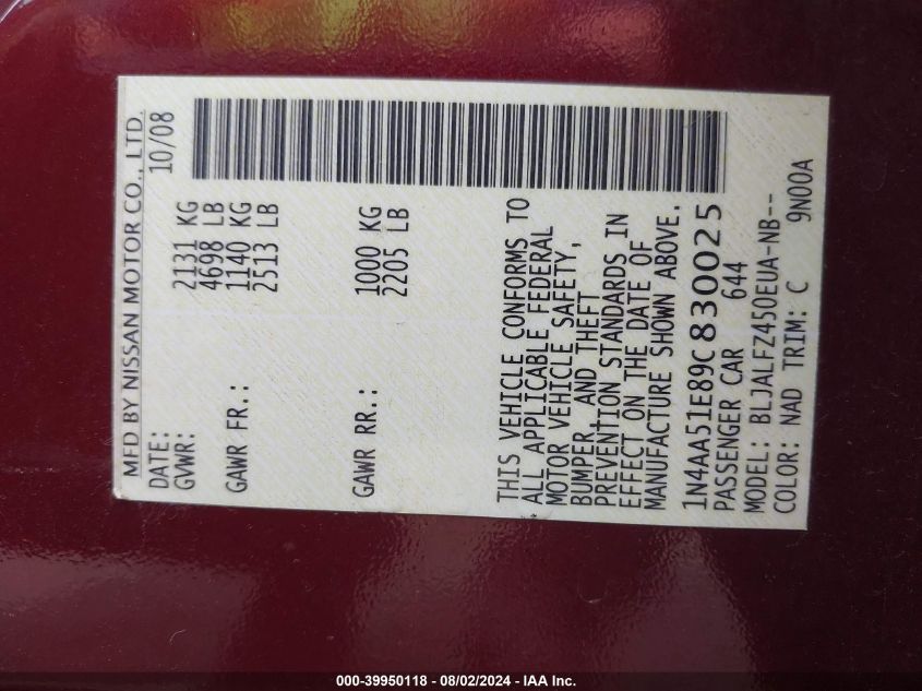 2009 Nissan Maxima 3.5 Sv VIN: 1N4AA51E89C830025 Lot: 39950118