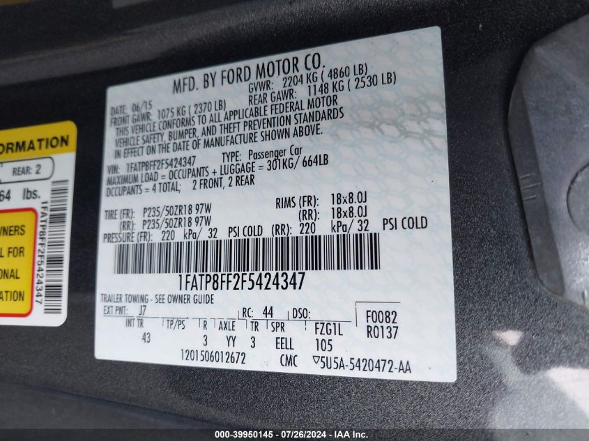 2015 Ford Mustang Gt Premium VIN: 1FATP8FF2F5424347 Lot: 39950145