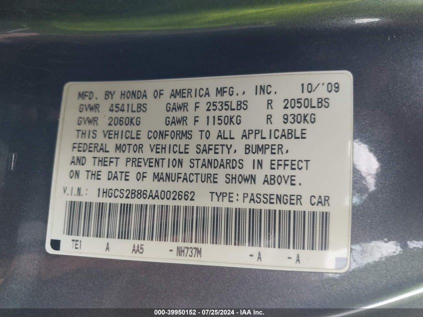2010 Honda Accord 3.5 Ex-L VIN: 1HGCS2B86AA002662 Lot: 39950152