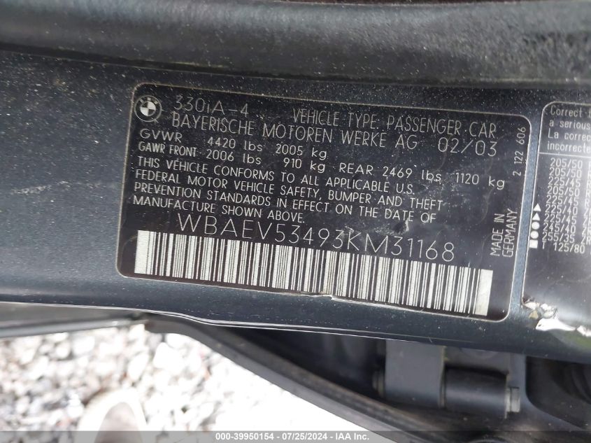 2003 BMW 330I VIN: WBAEV53493KM31168 Lot: 39950154