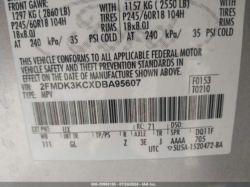 2013 Ford Edge Limited VIN: 2FMDK3KCXDBA95607 Lot: 39950185