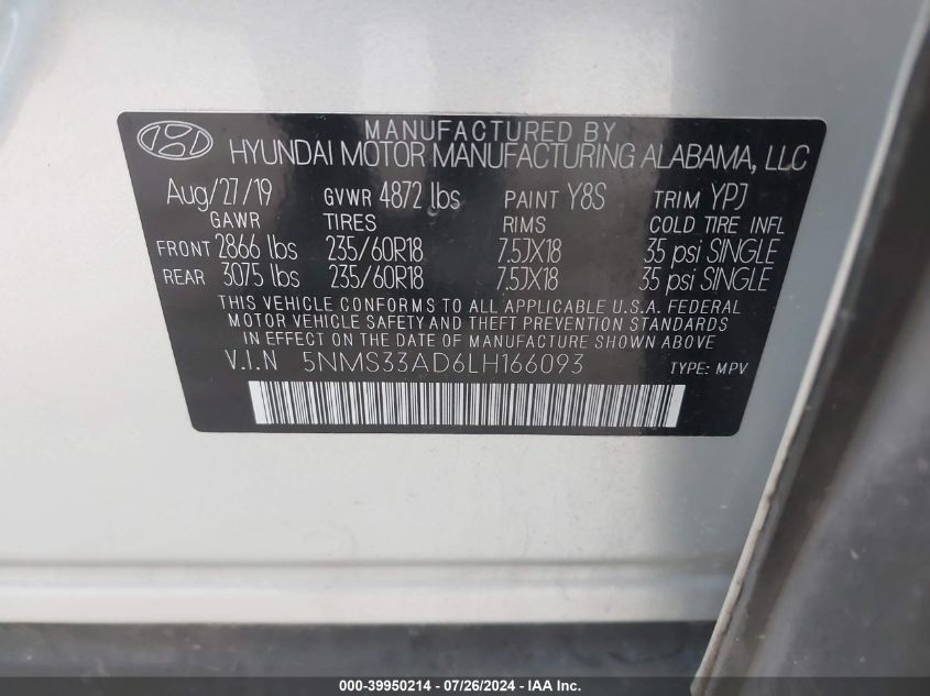 2020 Hyundai Santa Fe Sel VIN: 5NMS33AD6LH166093 Lot: 39950214