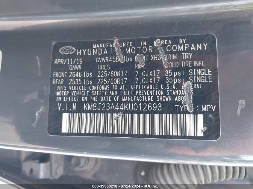 KM8J23A44KU012693 2019 Hyundai Tucson Se