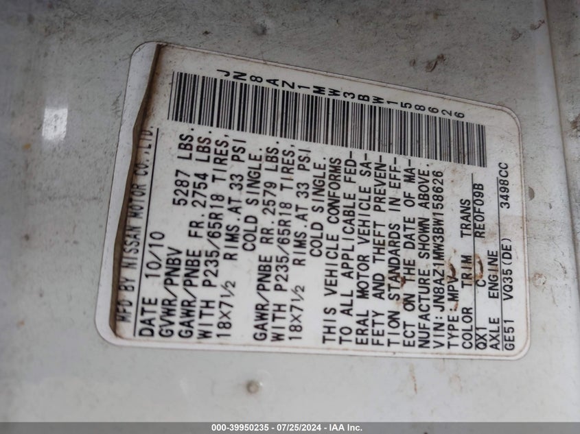 2011 Nissan Murano Sl VIN: JN8AZ1MW3BW158626 Lot: 39950235