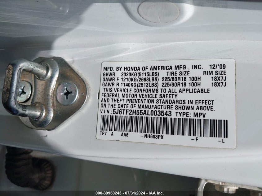 2010 Honda Accord Crosstour Ex-L VIN: 5J6TF2H55AL003543 Lot: 39950243