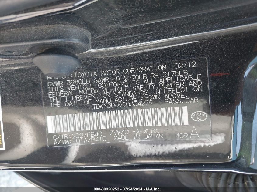 2012 Toyota Prius Five/Four/One/Three/Two VIN: JTDKN3DU9C0334279 Lot: 39950252