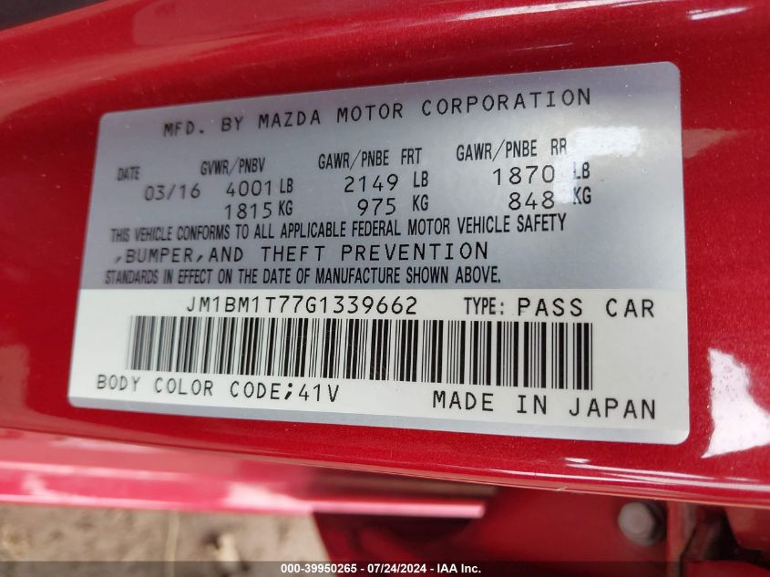 2016 Mazda Mazda3 I Sport VIN: JM1BM1T77G1339662 Lot: 39950265
