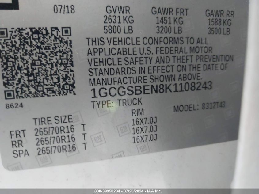 2019 Chevrolet Colorado VIN: 1GCGSBEN8K1108243 Lot: 39950284