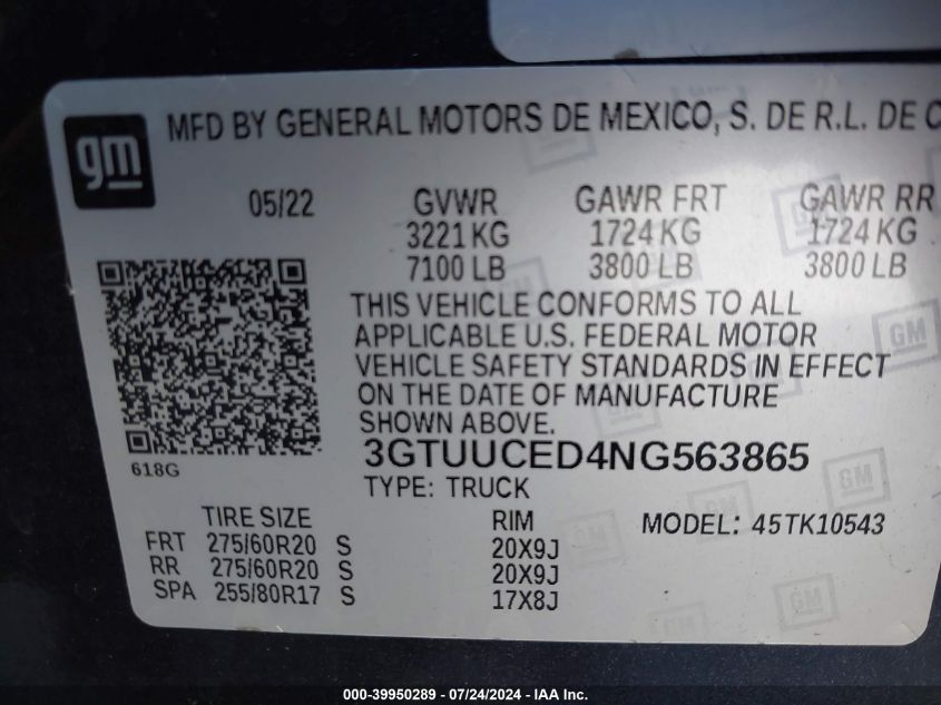 3GTUUCED4NG563865 2022 GMC Sierra 1500 4Wd Short Box Elevation With 3Sb