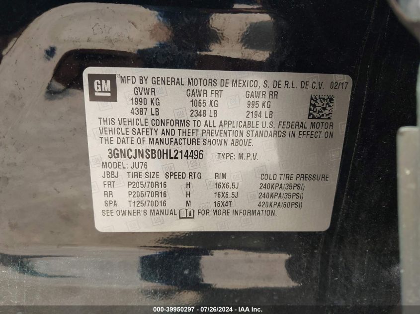 2017 Chevrolet Trax Ls VIN: 3GNCJNSB0HL214496 Lot: 39950297