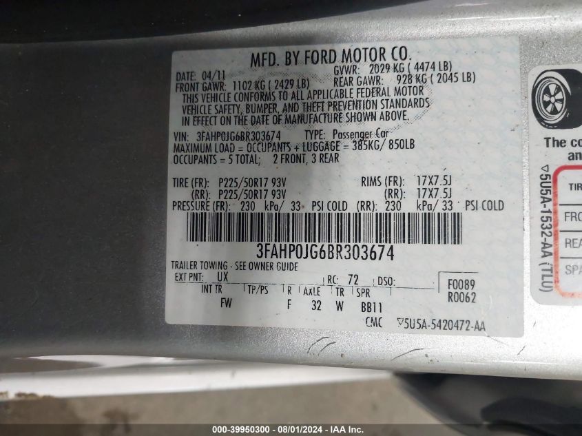 2011 Ford Fusion Sel VIN: 3FAHP0JG6BR303674 Lot: 39950300