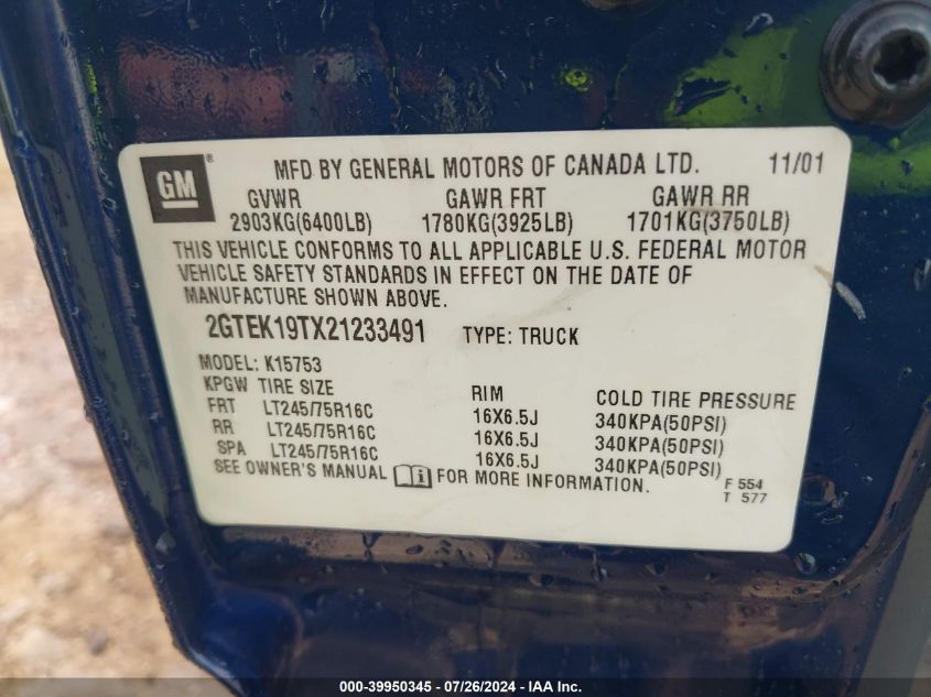 2002 GMC Sierra 1500 Sle VIN: 2GTEK19TX21233491 Lot: 39950345