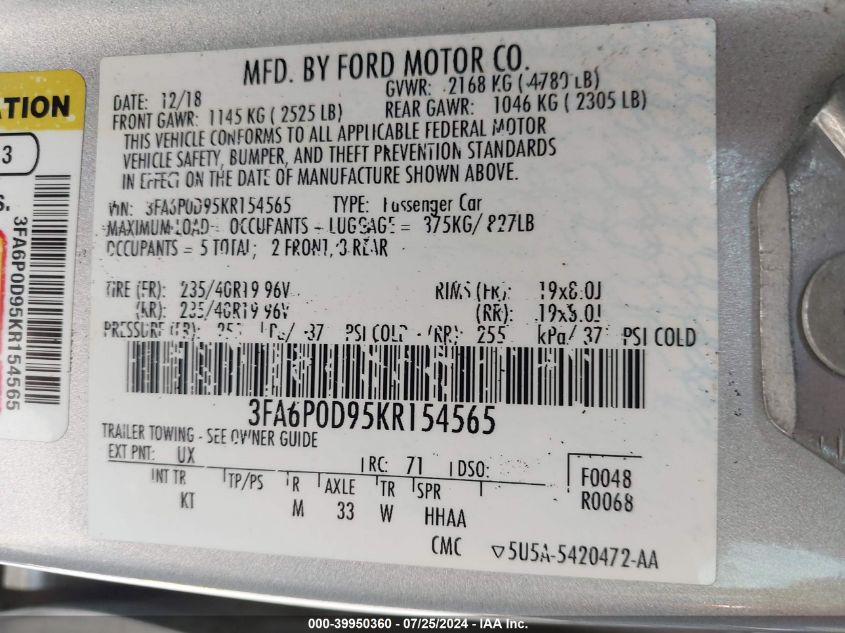 2019 Ford Fusion Titanium VIN: 3FA6P0D95KR154565 Lot: 39950360