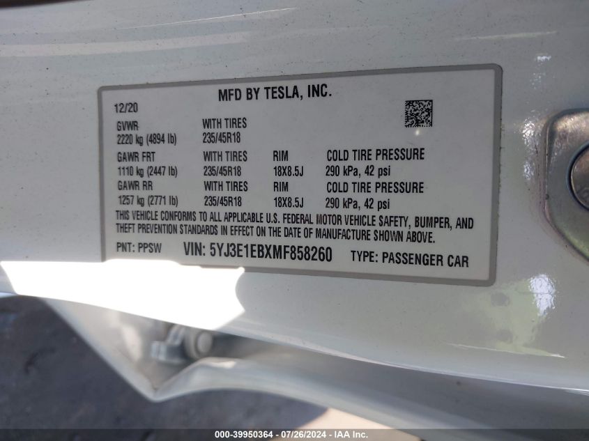 2021 Tesla Model 3 Long Range Dual Motor All-Wheel Drive VIN: 5YJ3E1EBXMF858260 Lot: 39950364