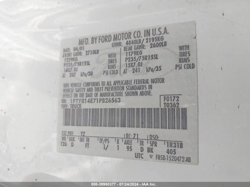2001 Ford Ranger Edge/Xlt VIN: 1FTYR14E71PB26563 Lot: 39950377