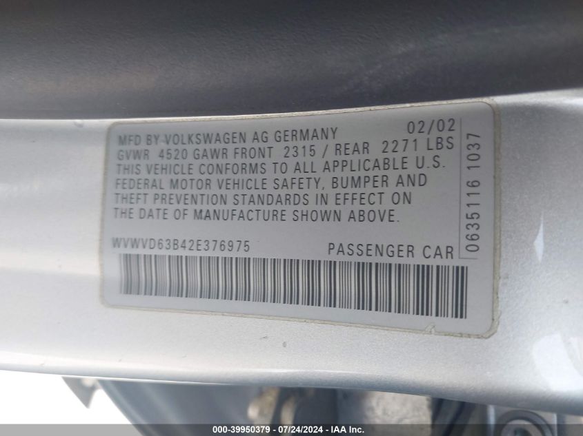2002 Volkswagen Passat Gls VIN: WVWVD63B42E376975 Lot: 39950379