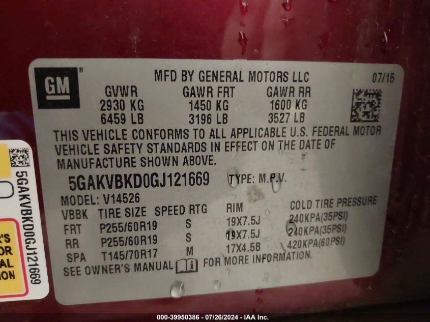 2016 Buick Enclave Leather VIN: 5GAKVBKD0GJ121669 Lot: 39950386