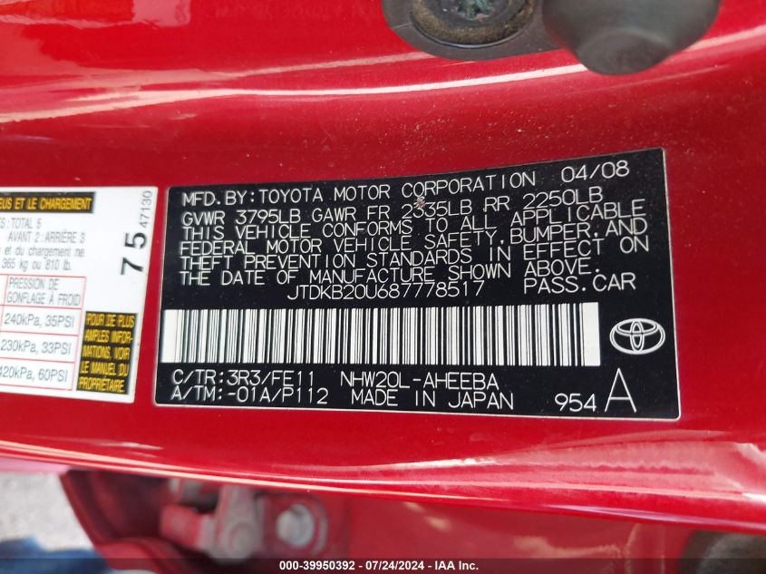 2008 Toyota Prius Standard/Touring VIN: JTDKB20U687778517 Lot: 39950392