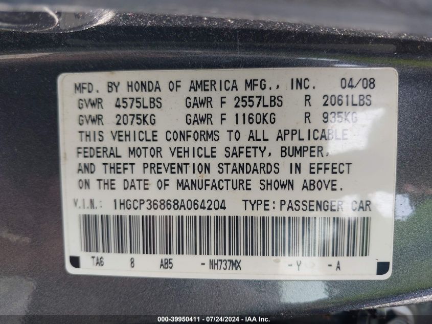 1HGCP36868A064204 | 2008 HONDA ACCORD