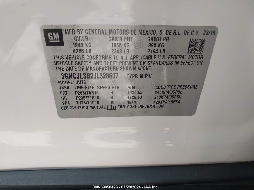2018 Chevrolet Trax Lt VIN: 3GNCJLSB2JL328607 Lot: 39950426
