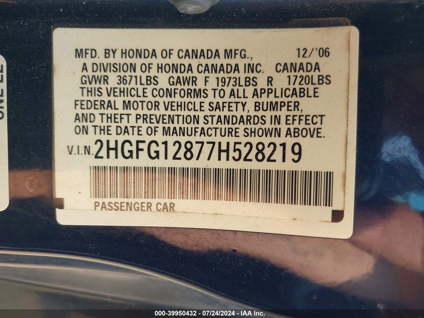 2007 Honda Civic Ex VIN: 2HGFG12877H528219 Lot: 39950432